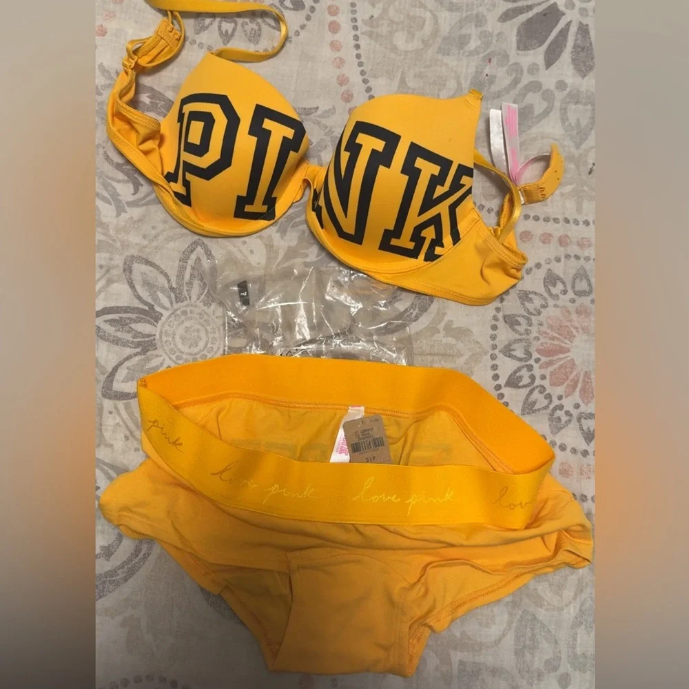PINK Victoria's Secret yellow everyday t shirt bra 34B and Matching Underwear